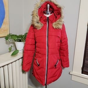 Red puffer coat w/ removable fur hood